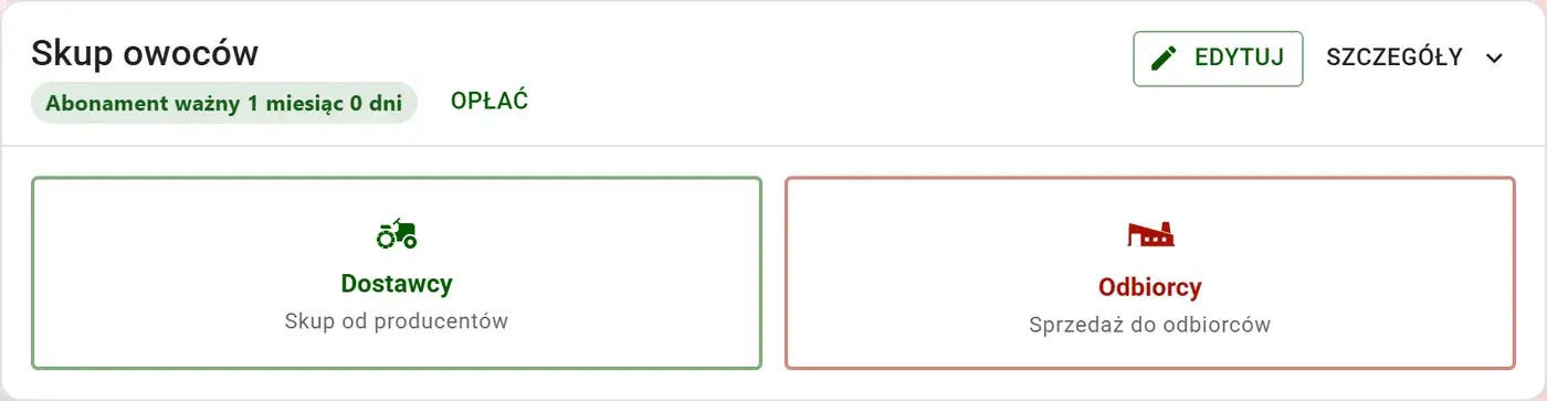 Pasek abonamentu z przyciskiem „Opłać" i "Edytuj"