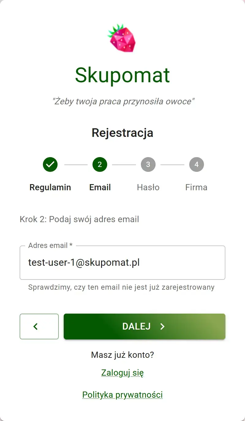 Rejestracja, krok 2 — adres e-mail