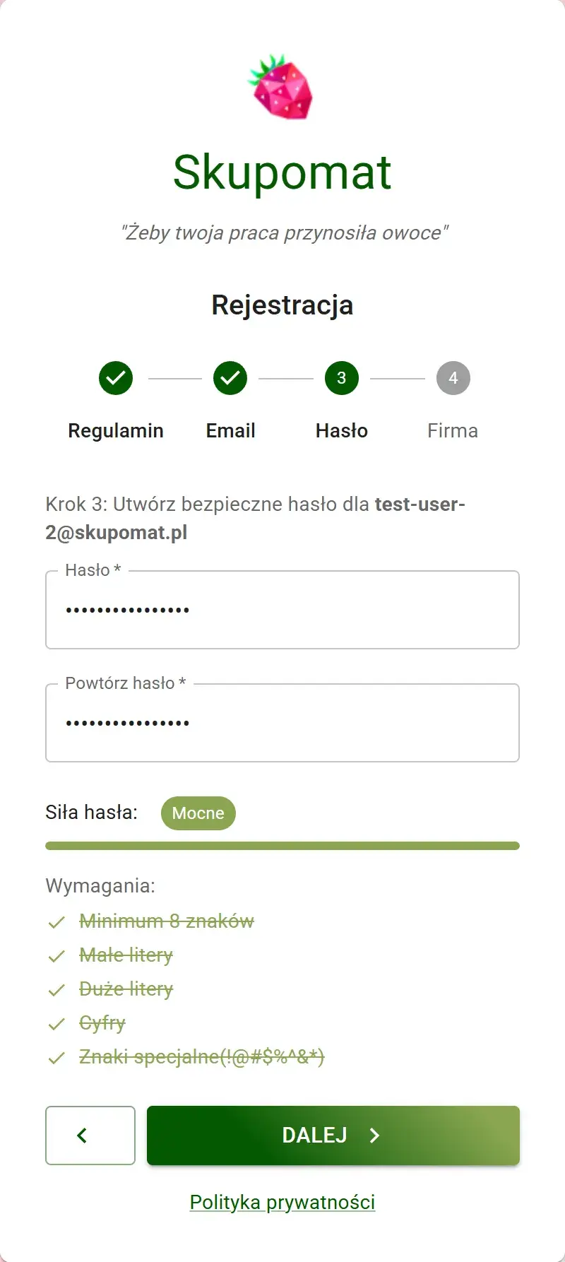 Rejestracja, krok 3 — hasło