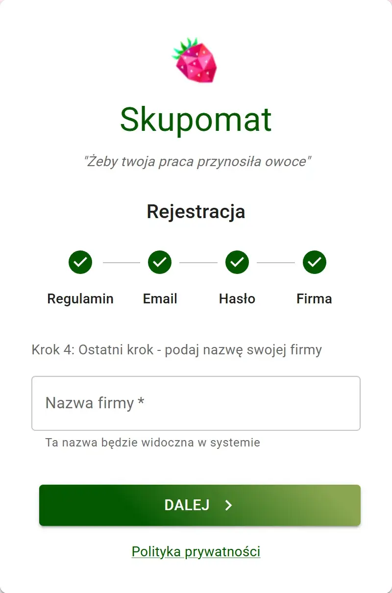 Rejestracja, krok 4 — nazwa firmy