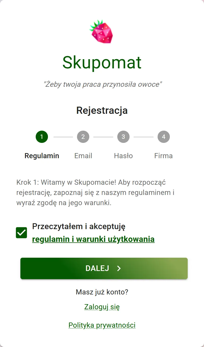 Rejestracja, krok 1 — akceptacja regulaminu