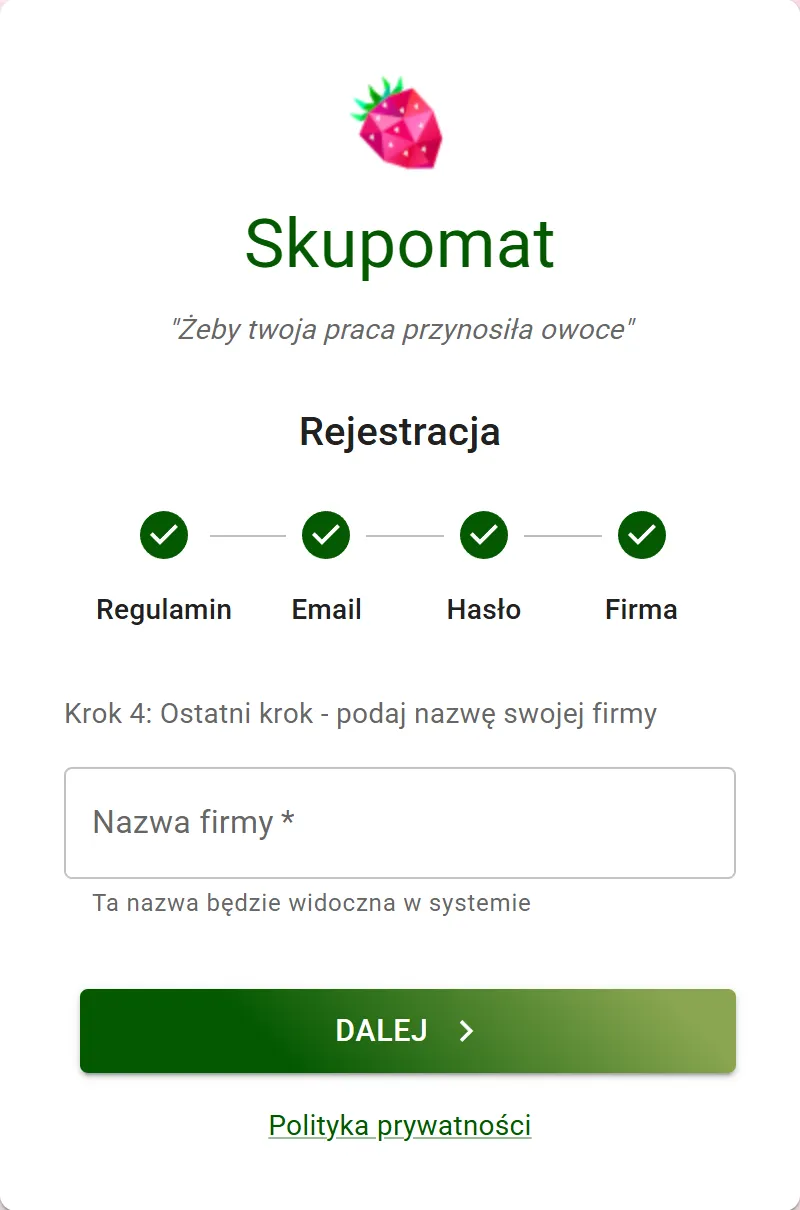 Rejestracja, krok 4 — nazwa firmy