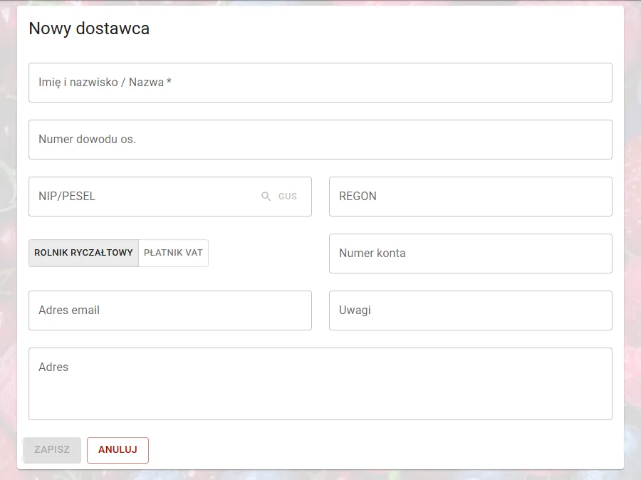 Formularz "Nowy dostawca"