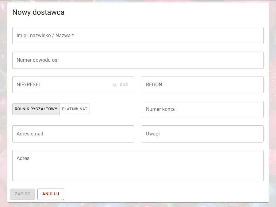 Formularz "Nowy dostawca"