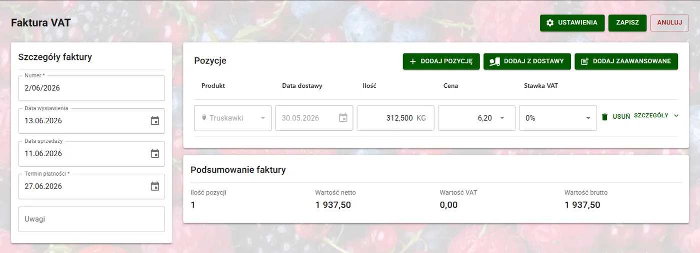 Formularz generowania faktury VAT ze zdefiniowanymi metodami dodawania pozycji asortymentowych