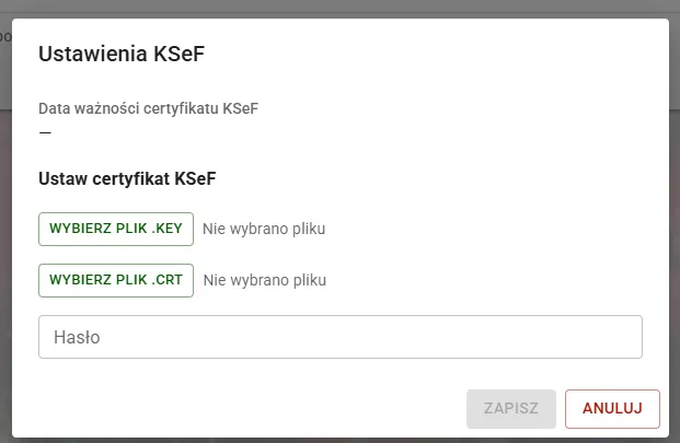 Panel konfiguracji certyfikatu z oknem na zautoryzowanie hasła i kluczy