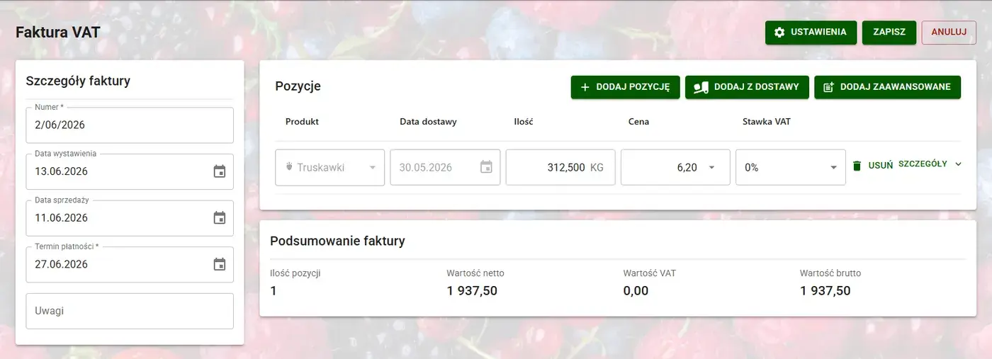 Formularz generowania faktury VAT ze zdefiniowanymi metodami dodawania pozycji asortymentowych