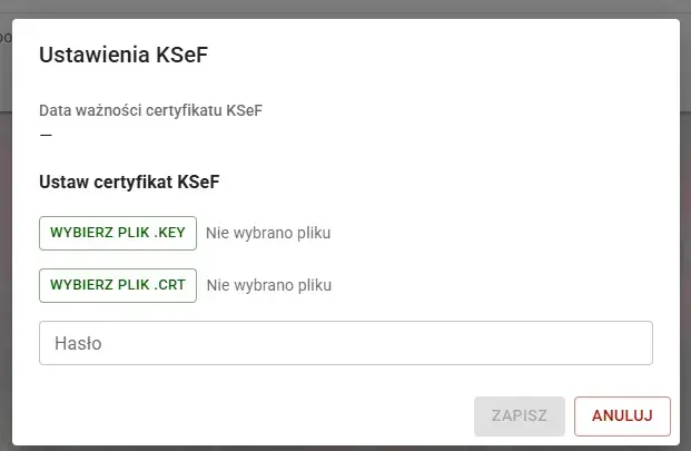 Panel konfiguracji certyfikatu z oknem na zautoryzowanie hasła i kluczy