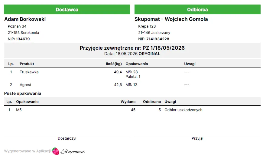 Wygenerowany dokument przyjęcia zewnętrznego PZ ze zsumowaną sekcją pustych opakowań