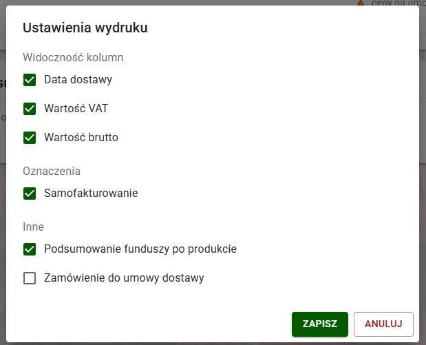 Rozwinięty panel konfiguracji wydruku z checkboxami ukrywania poszczególnych kolumn