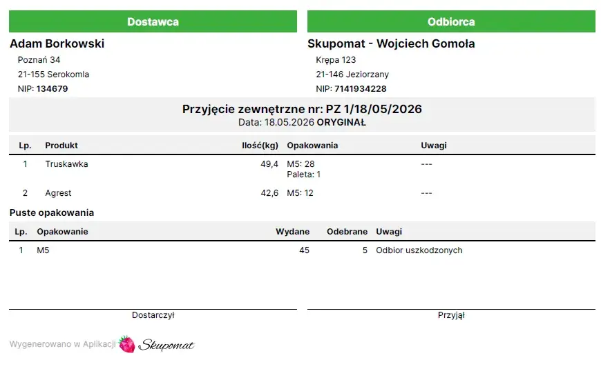 Wygenerowany dokument przyjęcia zewnętrznego PZ ze zsumowaną sekcją pustych opakowań
