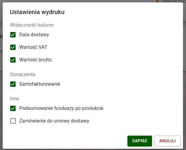 Rozwinięty panel konfiguracji wydruku z checkboxami ukrywania poszczególnych kolumn
