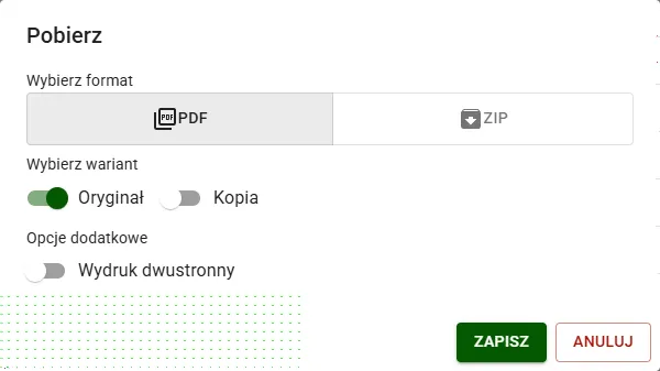 Przejrzyste menu preferencji pobierania pliku wraz z regulacją sposobu zrzutu