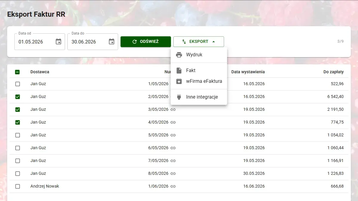 Przeglądarka wyeksportowanych faktur RR z aktywnym filtrowaniem oraz panelem rodzajów wydruku i formatu