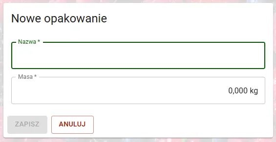 Konfigurator nowego opakowania z kluczowym polem do zdefiniowania masy pojedynczej sztuki