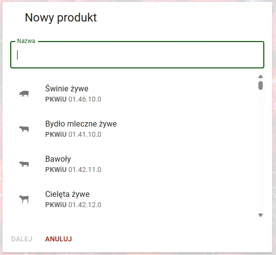 Wybór szablonu z listy znanych produktów