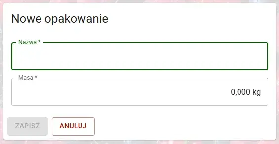 Konfigurator nowego opakowania z kluczowym polem do zdefiniowania masy pojedynczej sztuki