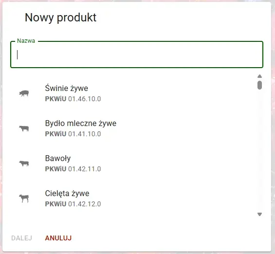 Wybór szablonu z listy znanych produktów