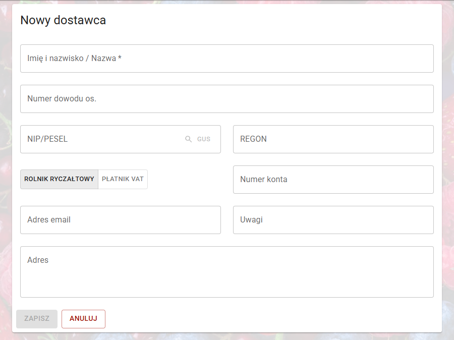 Formularz "Nowy dostawca"