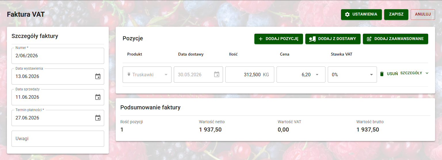Formularz generowania faktury VAT ze zdefiniowanymi metodami dodawania pozycji asortymentowych