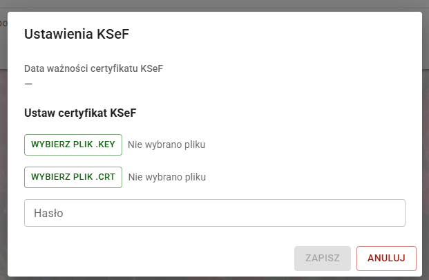 Panel konfiguracji certyfikatu z oknem na zautoryzowanie hasła i kluczy