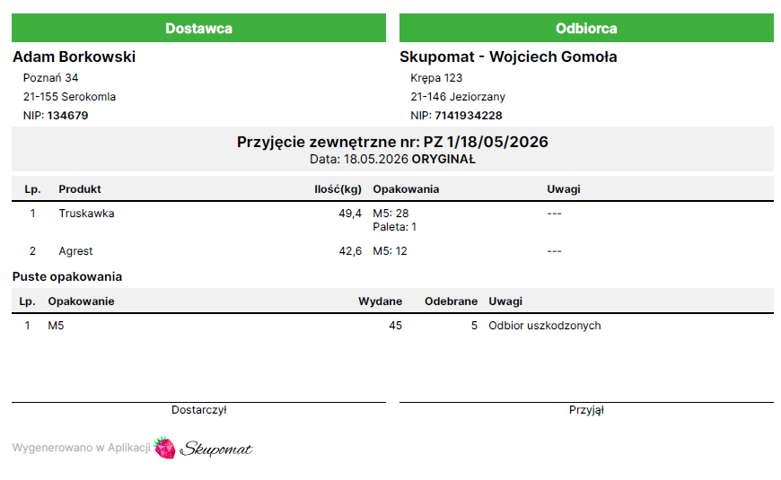 Wygenerowany dokument przyjęcia zewnętrznego PZ ze zsumowaną sekcją pustych opakowań