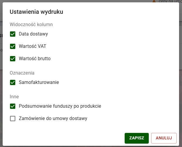 Rozwinięty panel konfiguracji wydruku z checkboxami ukrywania poszczególnych kolumn