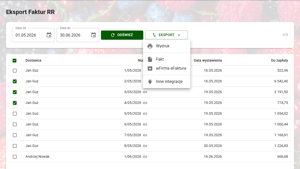 Przeglądarka wyeksportowanych faktur RR z aktywnym filtrowaniem oraz panelem rodzajów wydruku i formatu