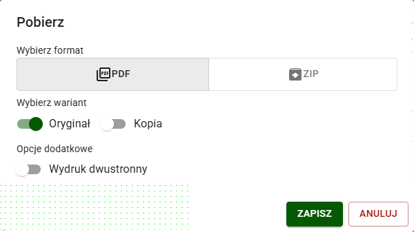 Przejrzyste menu preferencji pobierania pliku wraz z regulacją sposobu zrzutu