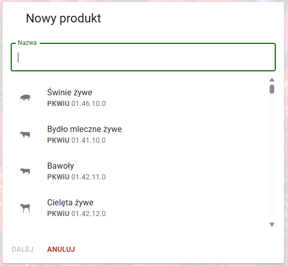 Wybór szablonu z listy znanych produktów
